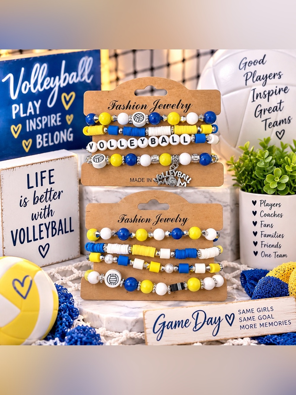 Volleyball 4-Piece Beaded Bracelet Set Blue Yellow White Silver Game Day Jewelry